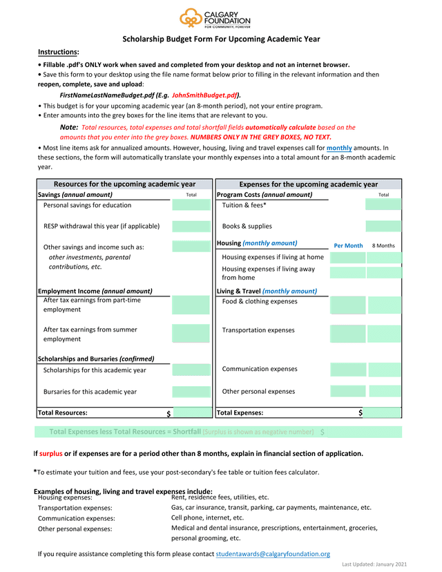 Scholarship Budget Form For Upcoming Academic Year screenshot