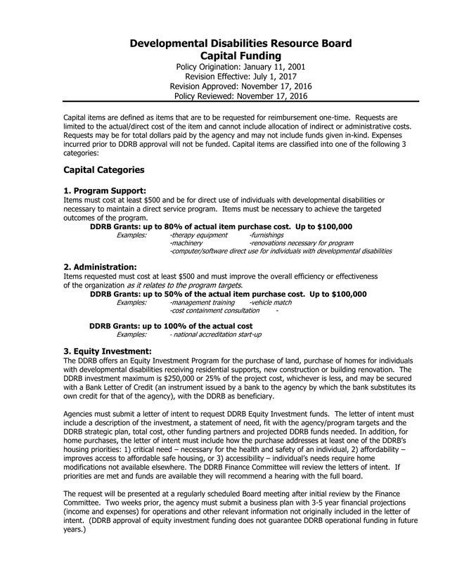 Developmental Disabilities Resource Board Capital Funding Policy screenshot