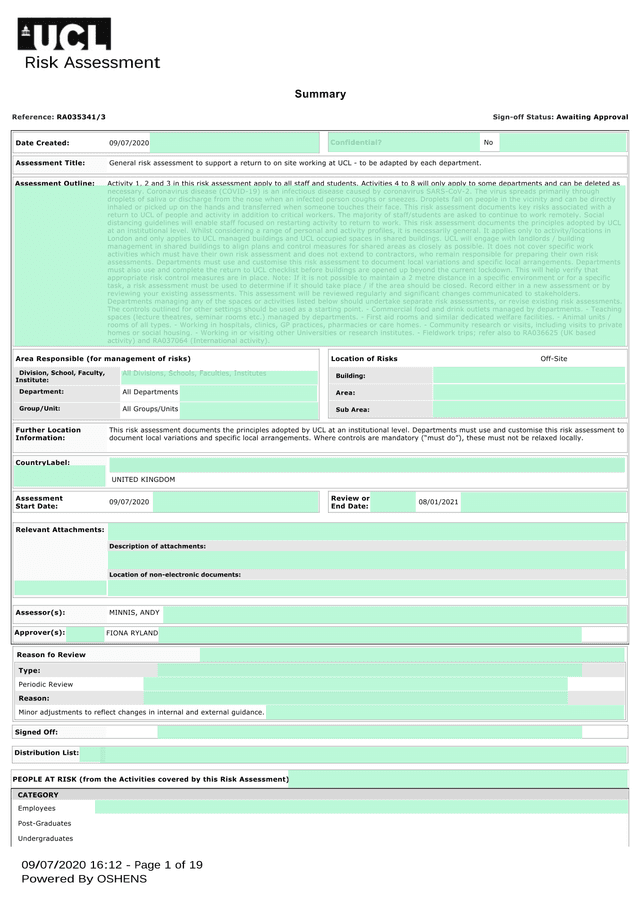 General Risk Assessment For Return To On Site Working At UCL screenshot