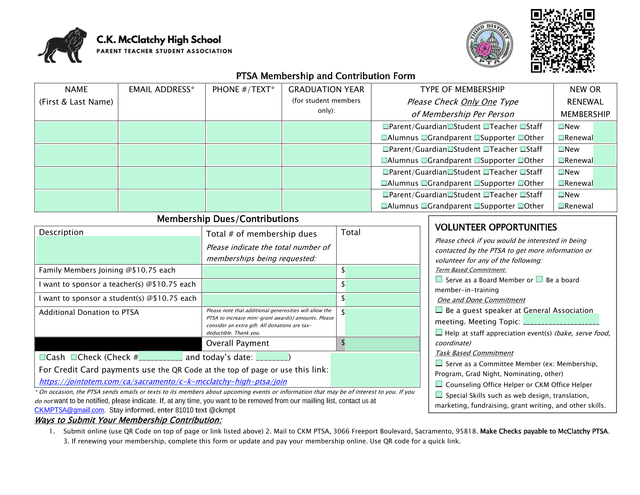PTSA Membership And Contribution Form screenshot