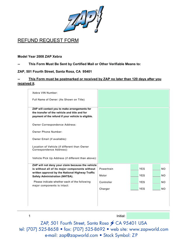 Refund Request Form   Model Year 2008 ZAP Xebra screenshot