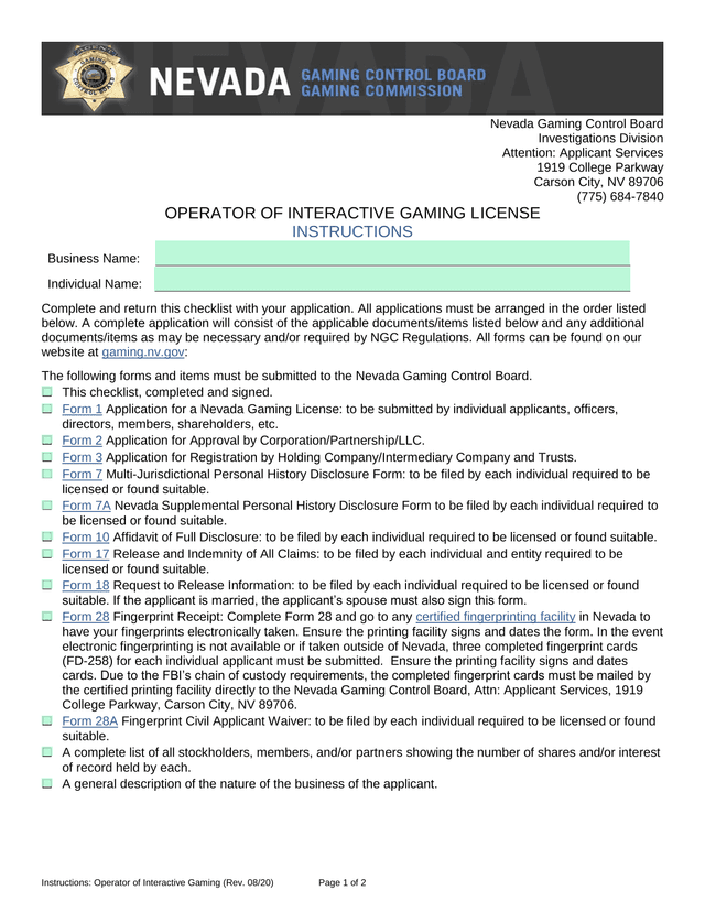 Operator Of Interactive Gaming License Instructions screenshot