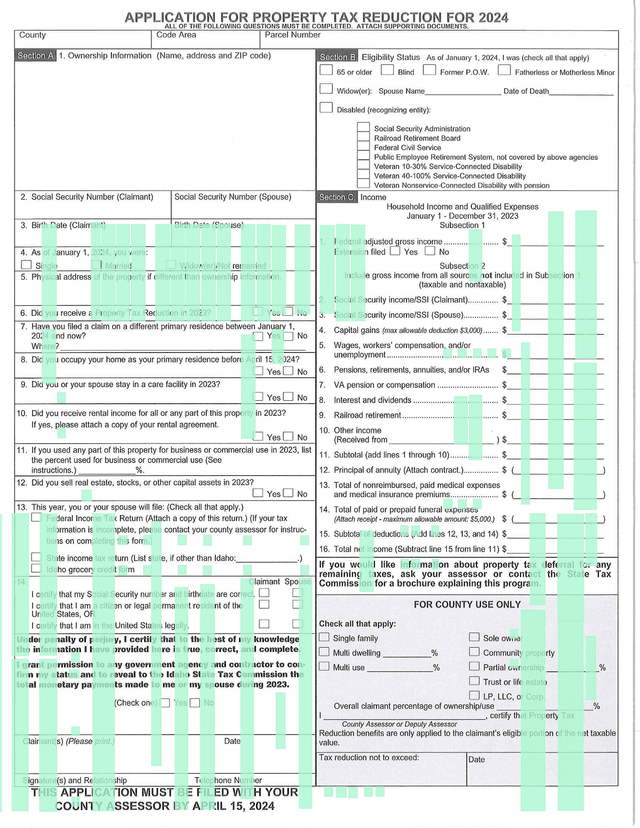 Property Tax Reduction (PTR) Application Instructions screenshot