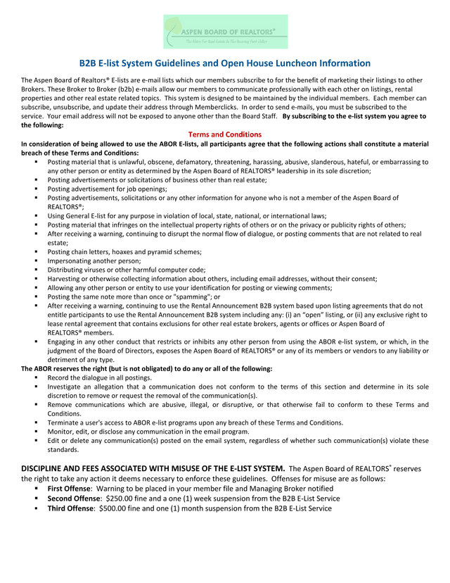 B2B E List System Guidelines And Open House Luncheon Information screenshot