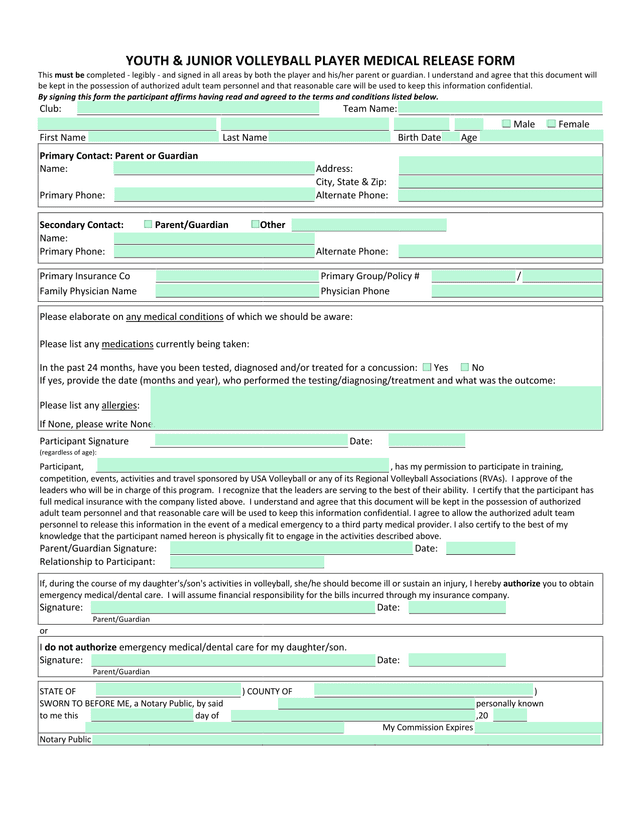 Youth  Junior Volleyball Player Medical Release Form screenshot