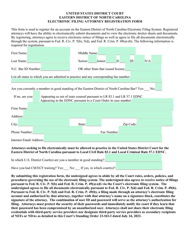 Electronic Filing Attorney Registration Form screenshot