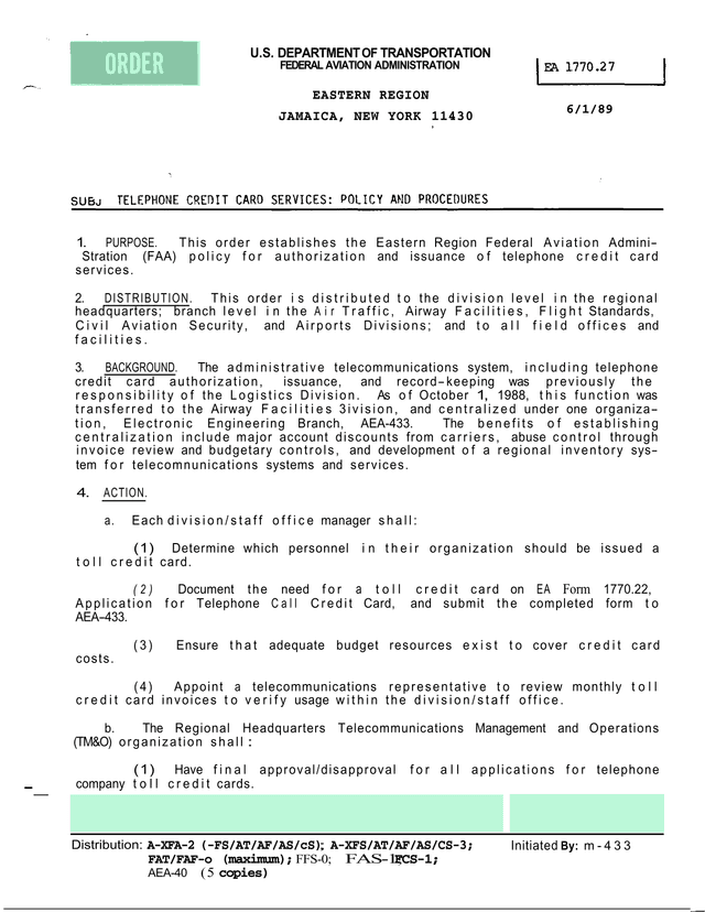 FAA Eastern Region Telephone Credit Card Services Order screenshot