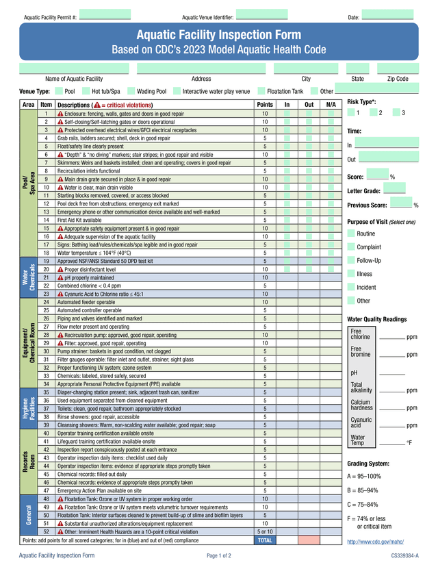 Aquatic Facility Inspection Form screenshot