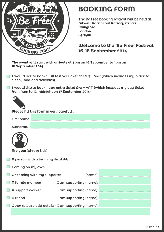 Be Free Festival Booking Form screenshot