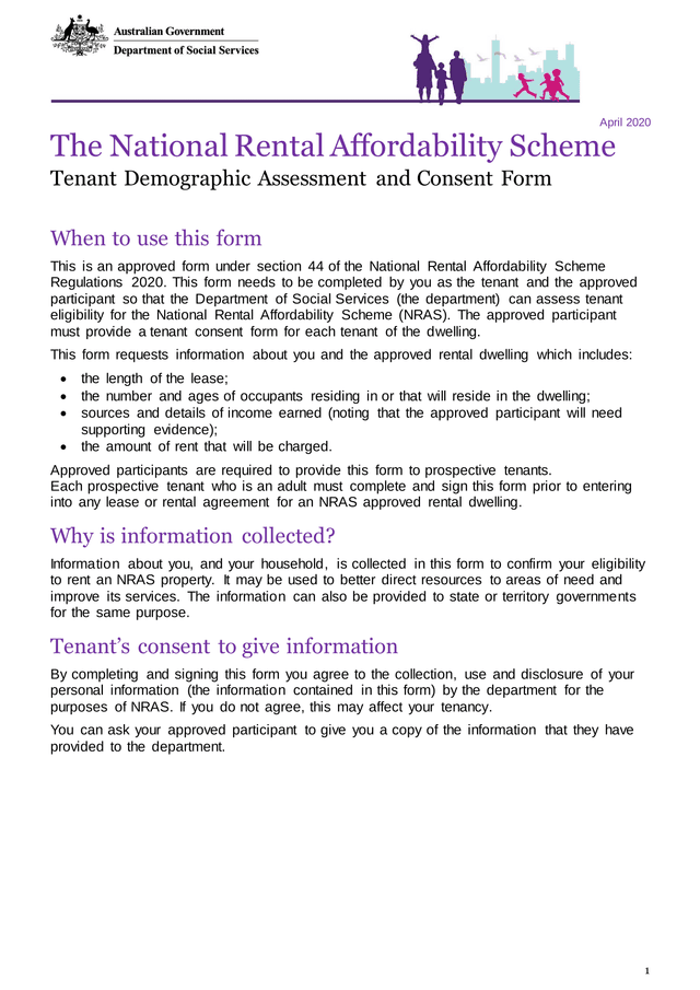The National Rental Affordability Scheme Tenant Demographic Assessment And Consent Form screenshot