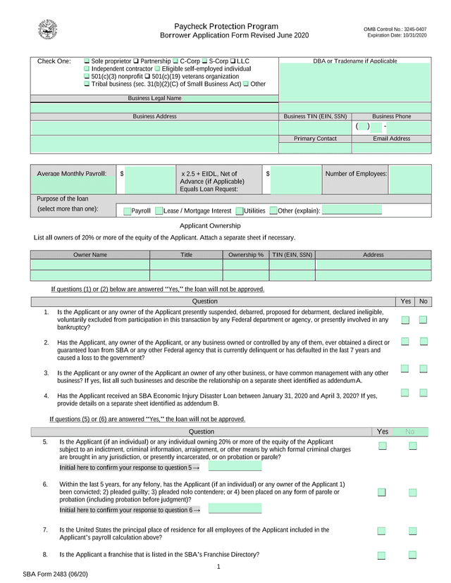 SBA Form 2483 screenshot