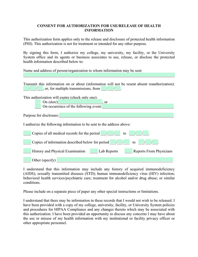CONSENT FOR AUTHORIZATION FOR USERELEASE OF HEALTH INFORMATION screenshot
