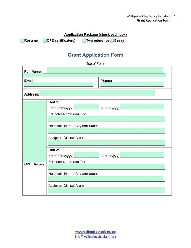 Wellspring Chaplaincy Initiative Grant Application Form screenshot