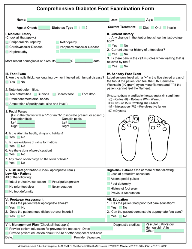 Comprehensive Diabetes Foot Examination Form screenshot