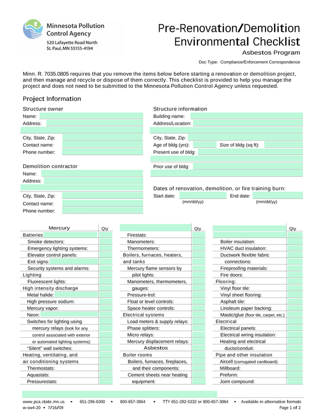 Pre RenovationDemolition Environmental Checklist screenshot