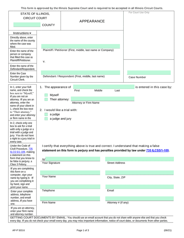 Illinois Circuit Court Appearance Form screenshot
