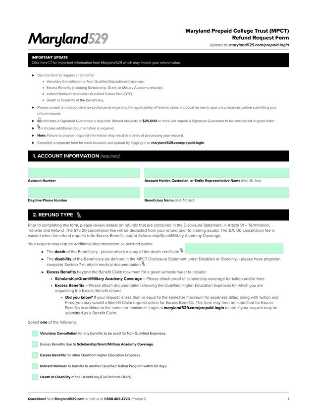 Maryland Prepaid College Trust (MPCT) Refund Request Form screenshot