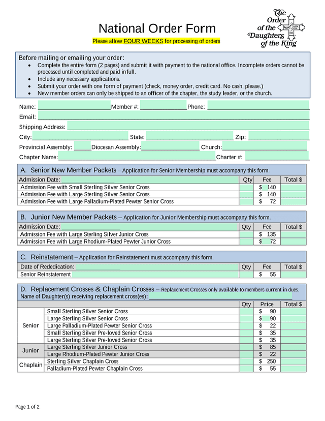 National Order Form screenshot