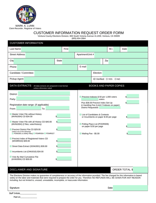 Customer Information Request Order Form screenshot
