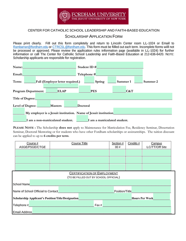 Scholarship Application Form screenshot
