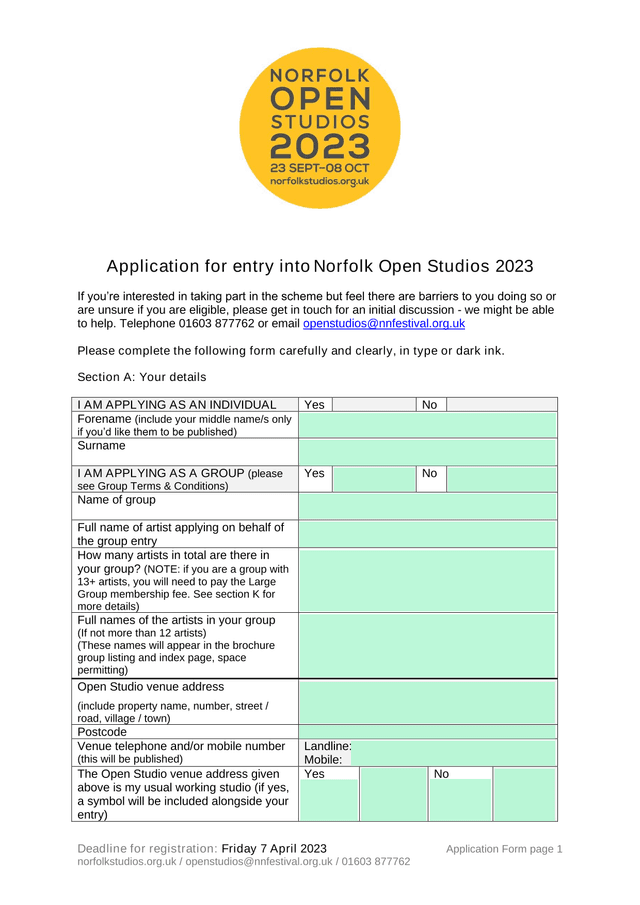 Application For Entry Into Norfolk Open Studios 2023 screenshot