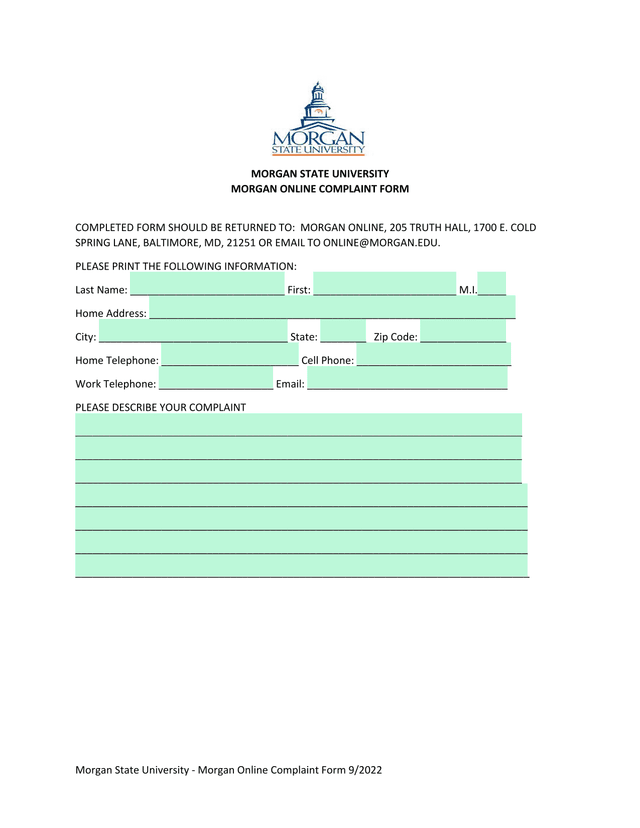 Morgan Online Complaint Form screenshot