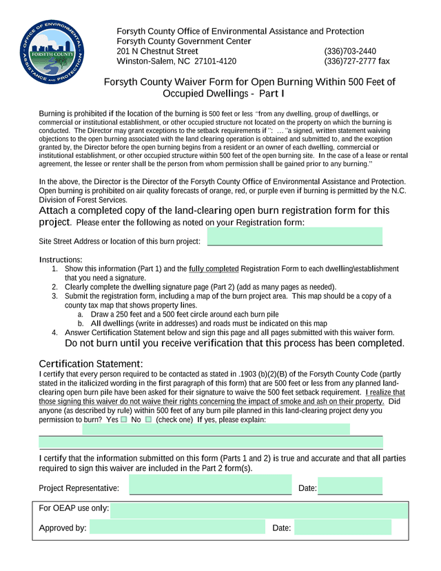 Forsyth County Waiver Form For Open Burning Within 500 Feet Of Occupied Dwellings screenshot