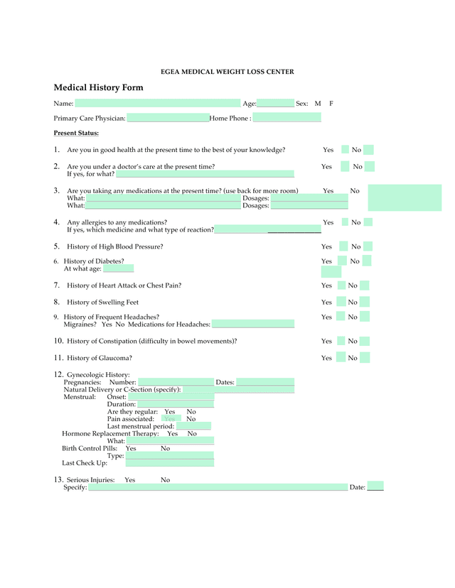 Medical History Form screenshot