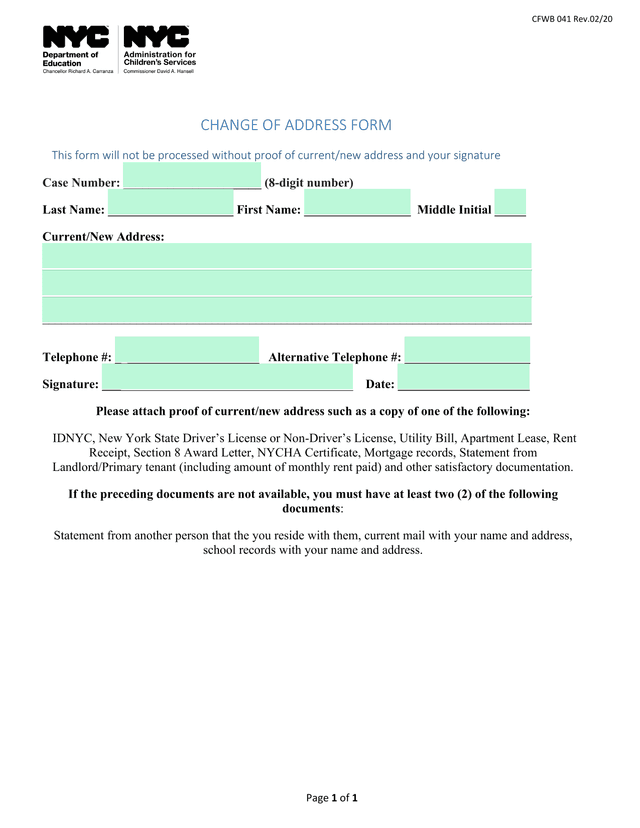 CHANGE OF ADDRESS FORM screenshot