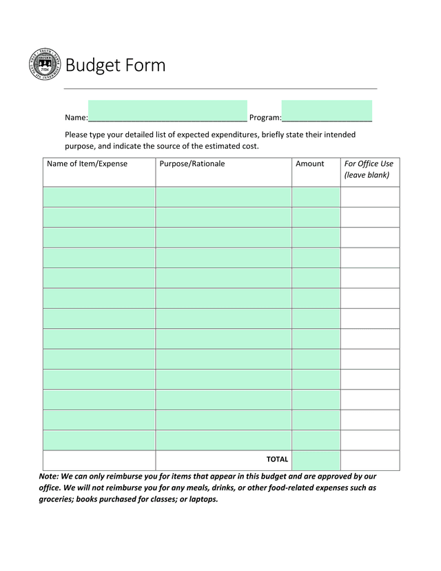 Budget Form screenshot