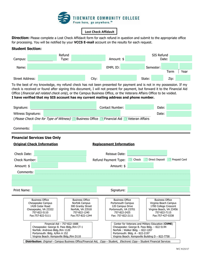 Lost Check Affidavit screenshot