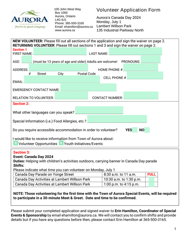 Volunteer Application Form AuroraS Canada Day 2024 screenshot