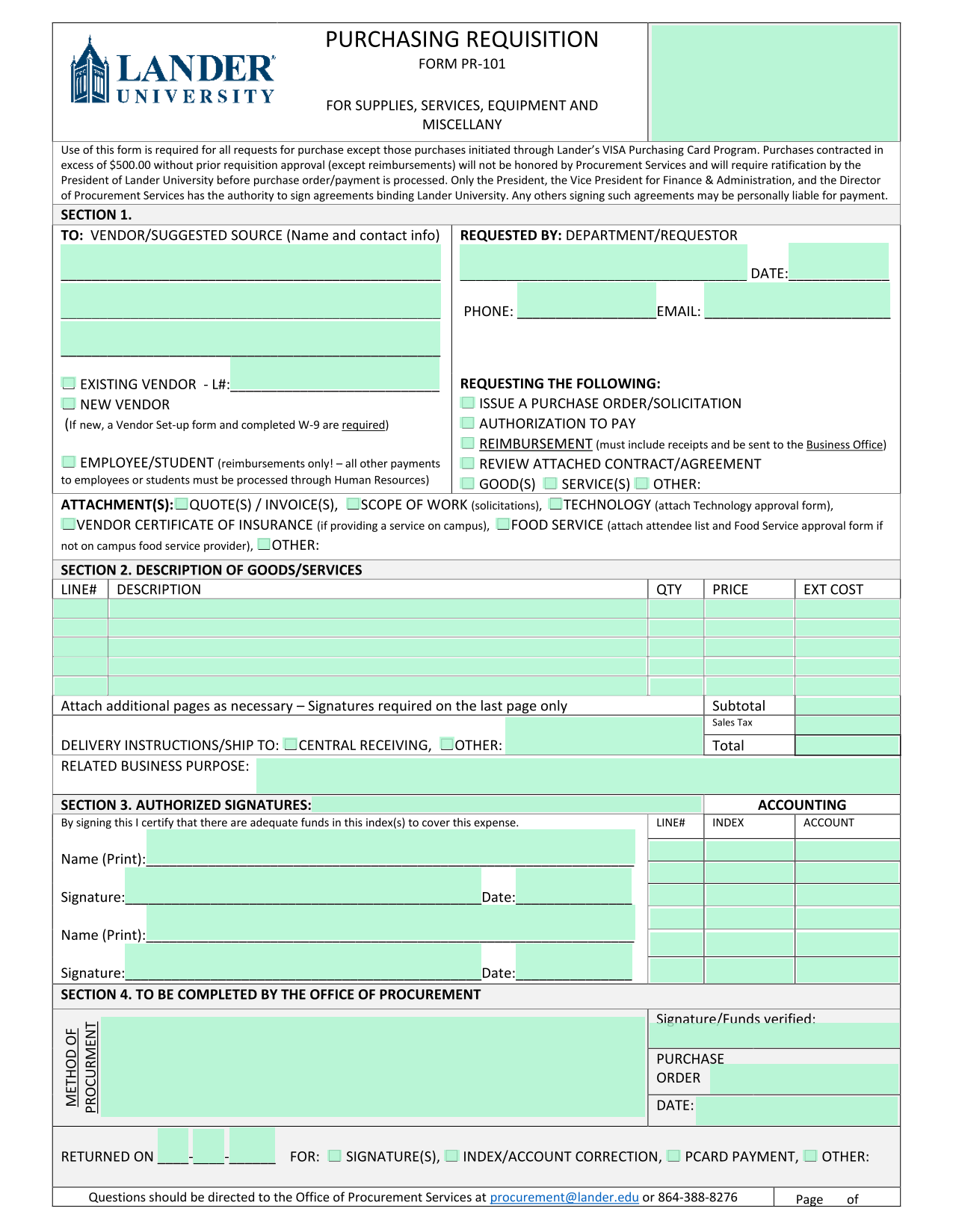 PURCHASING REQUISITION FORM PR 101 screenshot