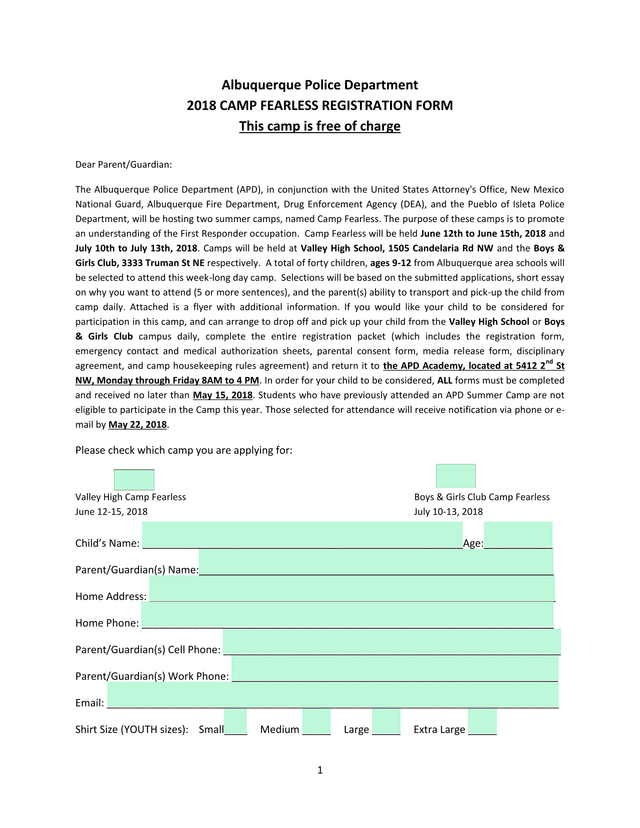 2018 CAMP FEARLESS REGISTRATION FORM screenshot