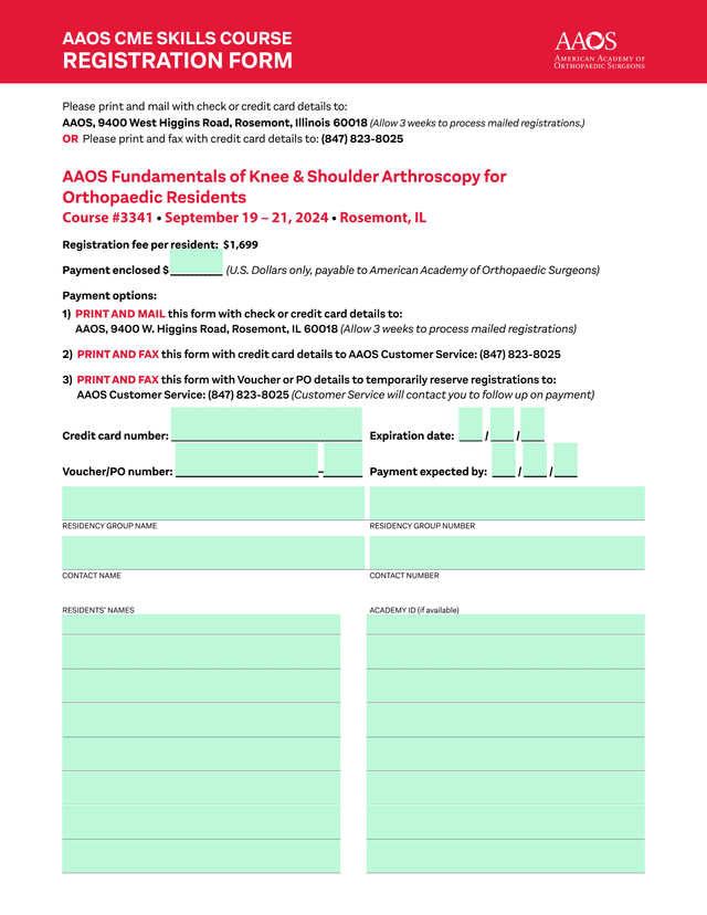 AAOS CME SKILLS COURSE REGISTRATION FORM screenshot