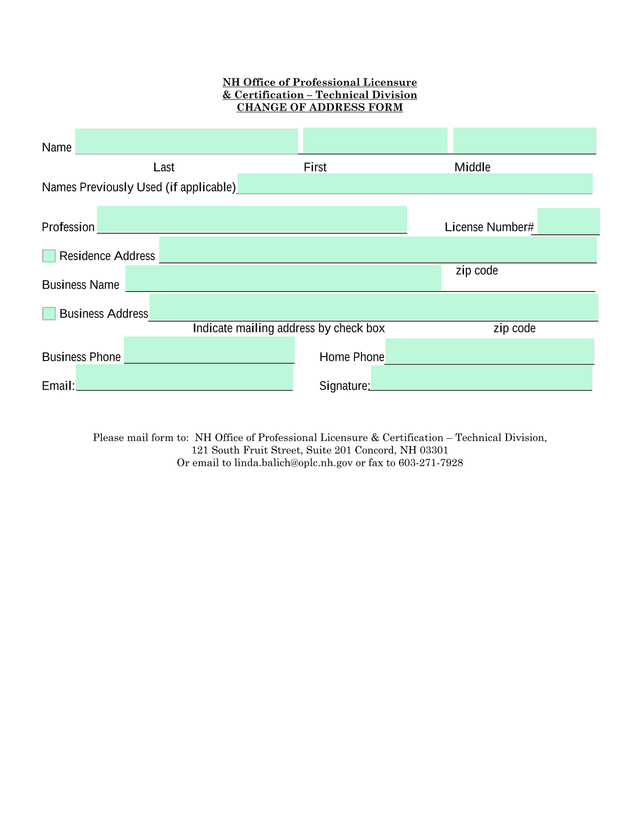 NH Office Of Professional Licensure  Certification  Technical Division CHANGE OF ADDRESS FORM screenshot