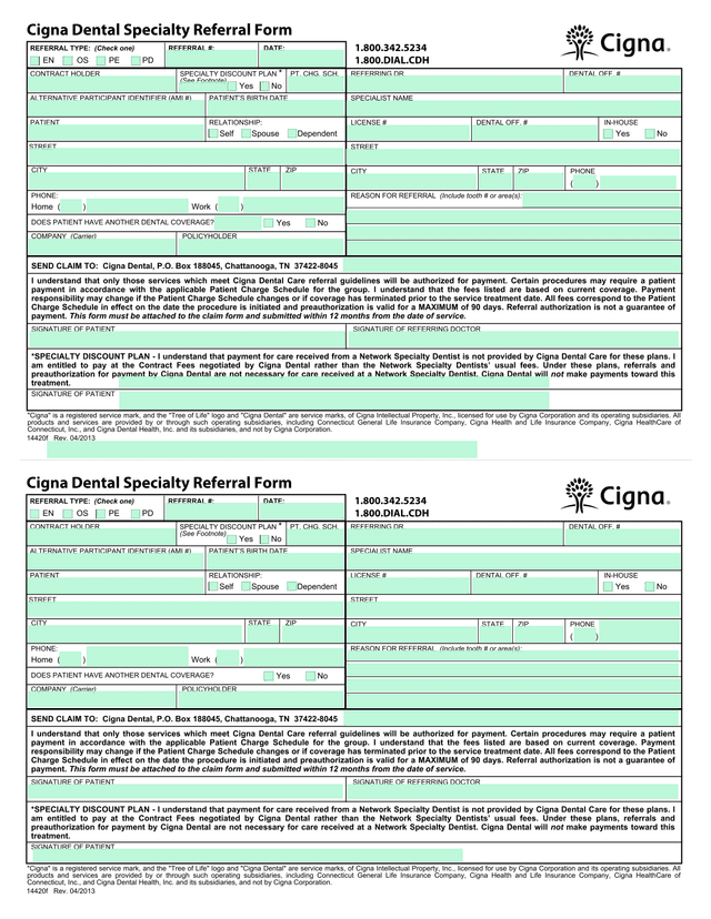 Cigna Dental Specialty Referral Form screenshot