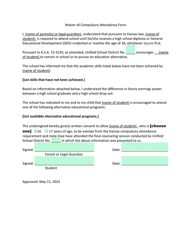 Waiver Of Compulsory Attendance Form screenshot