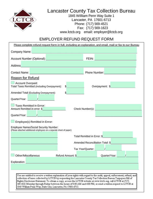 Employer Refund Request Form screenshot
