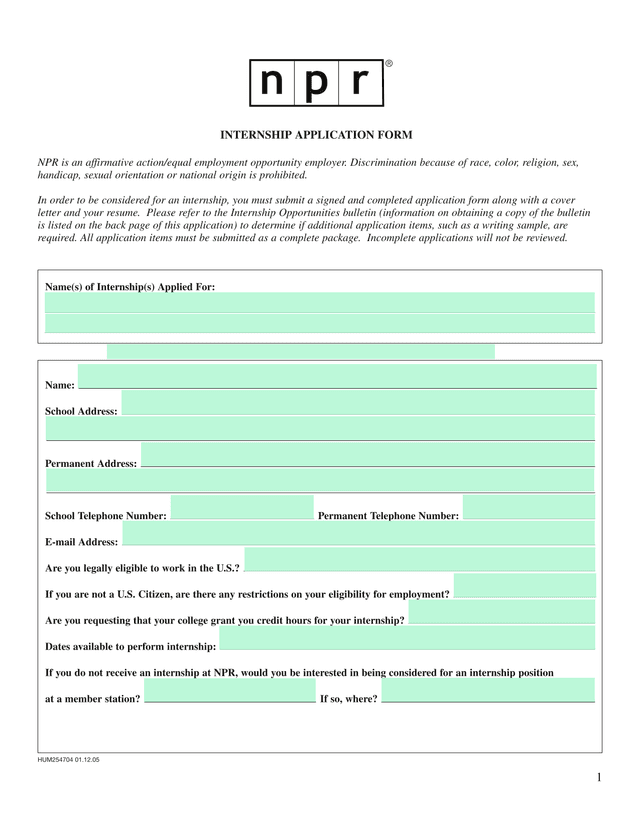 NPR Internship Application Form screenshot
