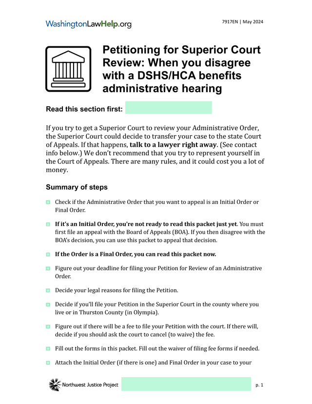 Petitioning For Superior Court Review When You Disagree With A DSHSHCA Benefits Administrative Heari screenshot