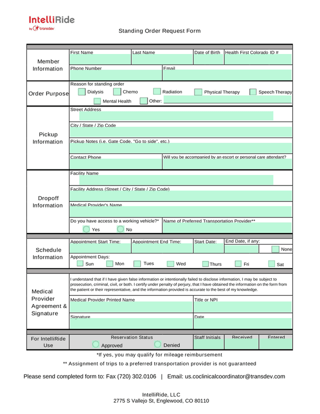 Standing Order Request Form screenshot