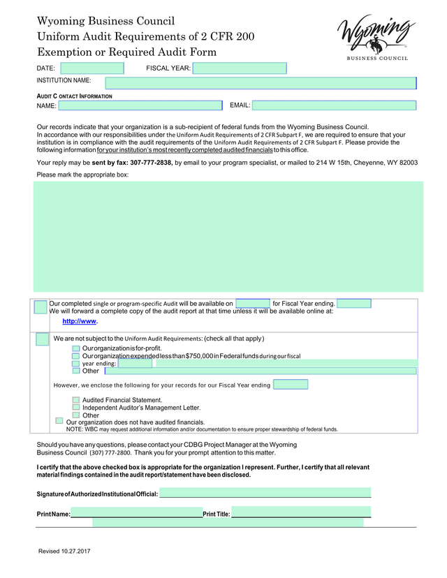 Wyoming Business Council Uniform Audit Requirements Of 2 CFR 200 Exemption Or Required Audit Form screenshot