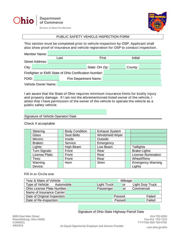 PUBLIC SAFETY VEHICLE INSPECTION FORM screenshot