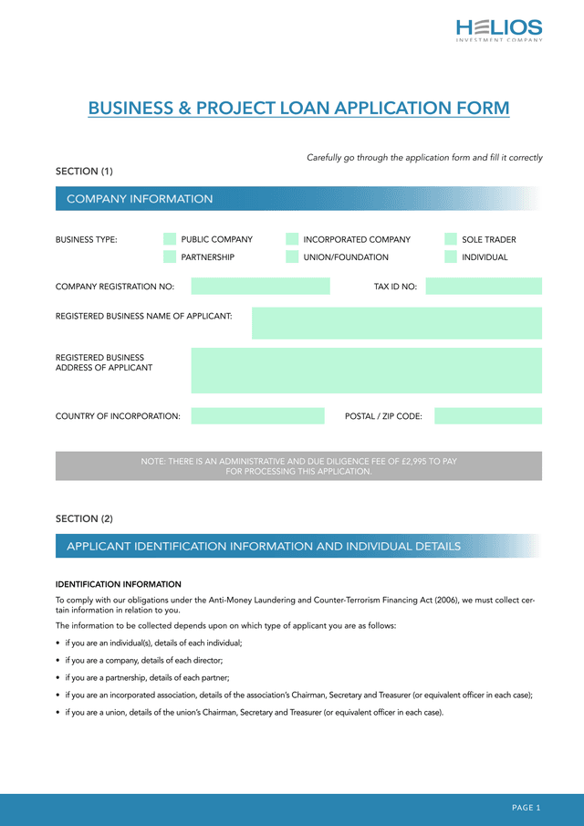 Business  Project Loan Application Form screenshot