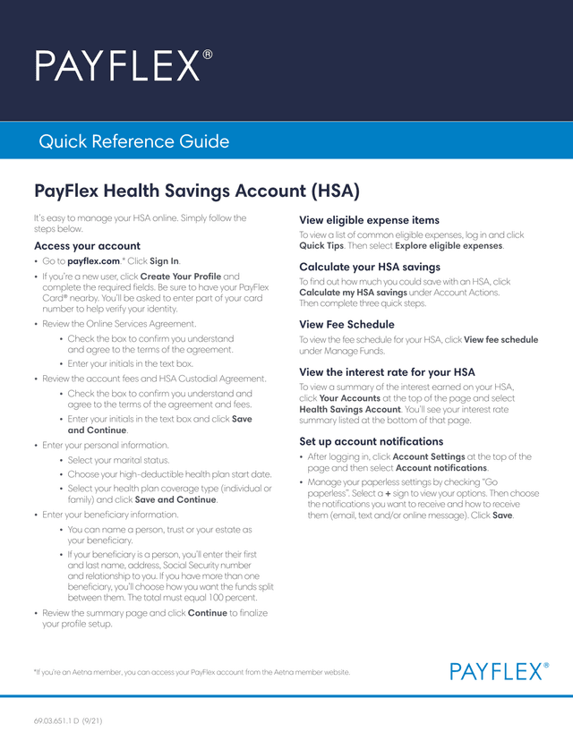 PayFlex Health Savings Account (HSA) Quick Reference Guide screenshot
