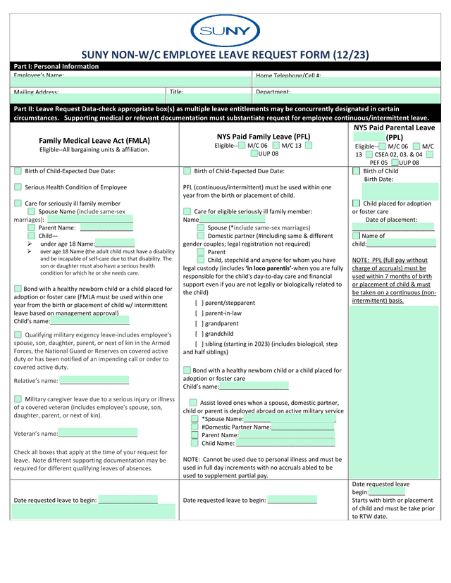 SUNY NON WC EMPLOYEE LEAVE REQUEST FORM screenshot