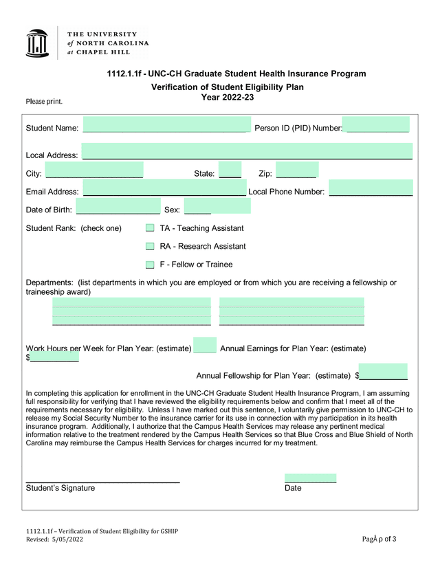 UNC CH Graduate Student Health Insurance Program Verification Of Student Eligibility Plan screenshot