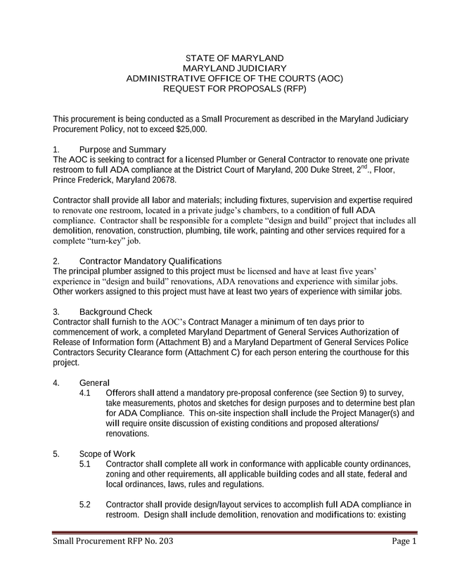 Small Procurement RFP No. 203 screenshot