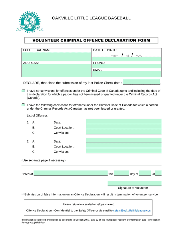 Oakville Little League Baseball Volunteer Criminal Offence Declaration Form screenshot